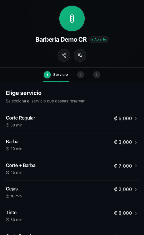 Booking step one: a list of services with prices, with the business name and open status at the top.