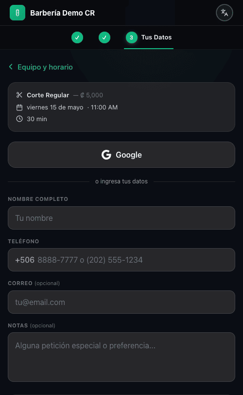 Booking step three: a clean contact form with phone placeholder using safe demo numbers, and a Google OAuth option.