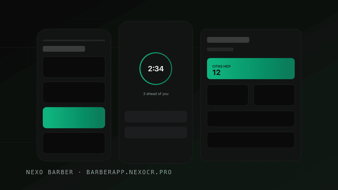 Nexo Barber owner dashboard showing today's appointments and revenue.