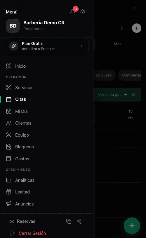Side navigation with Operación and Crecimiento sections: services, appointments, team, clients, blocks, expenses, analytics, loyalty, announcements.