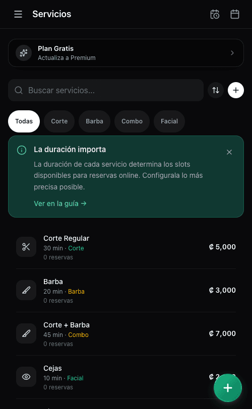 Services management view with categories, search, and a list of services showing price, duration, and booking counts.