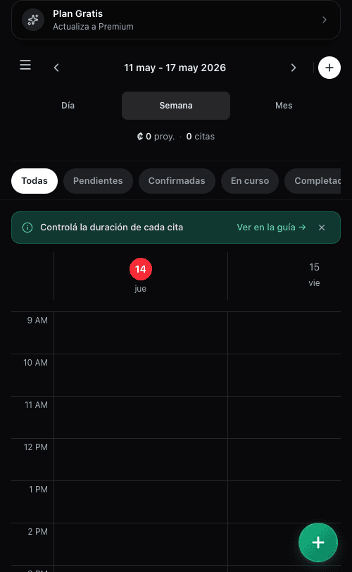 Owner appointments calendar in week mode, with day-by-day breakdown and filter pills.