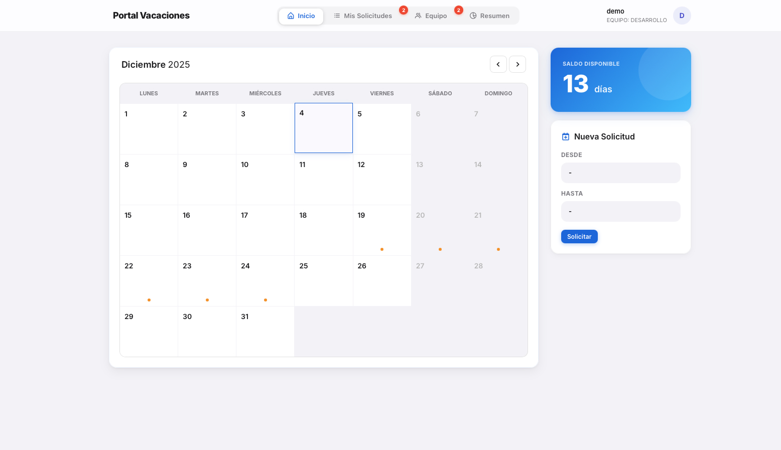 Vacation Tracker web app showing a team availability calendar.